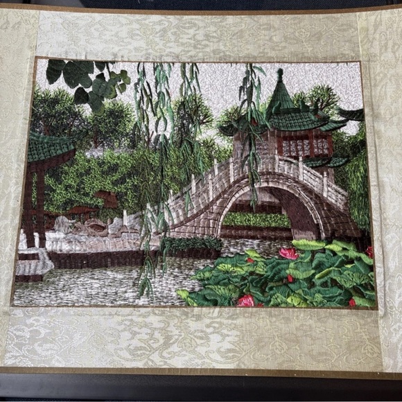 Japanese /Chinese Garden Embroidery Artwork – Elegant Handcrafted Needlework - Picture 5 of 6